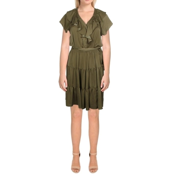 💚HP💚NWT Lauren Ralph Lauren Satin Belted Mini Dress Tiered Ruffle Hem Olive - Picture 4 of 11